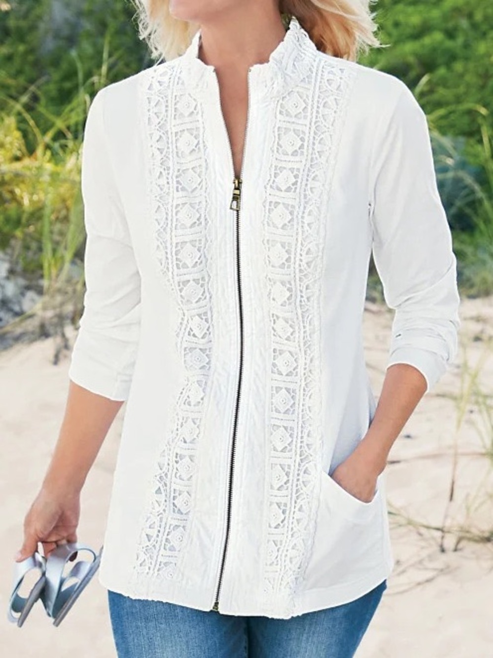 Soft Surroundings Women Plus Sz 1X White Crochet Lace Eyelet Zip Jacket NWOT